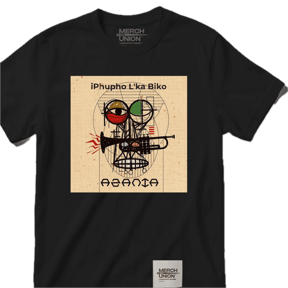 Black T-shirt with a square cream artwork panel showing a geometric face and trumpet, titled iPhupho L'ka Biko and Azania