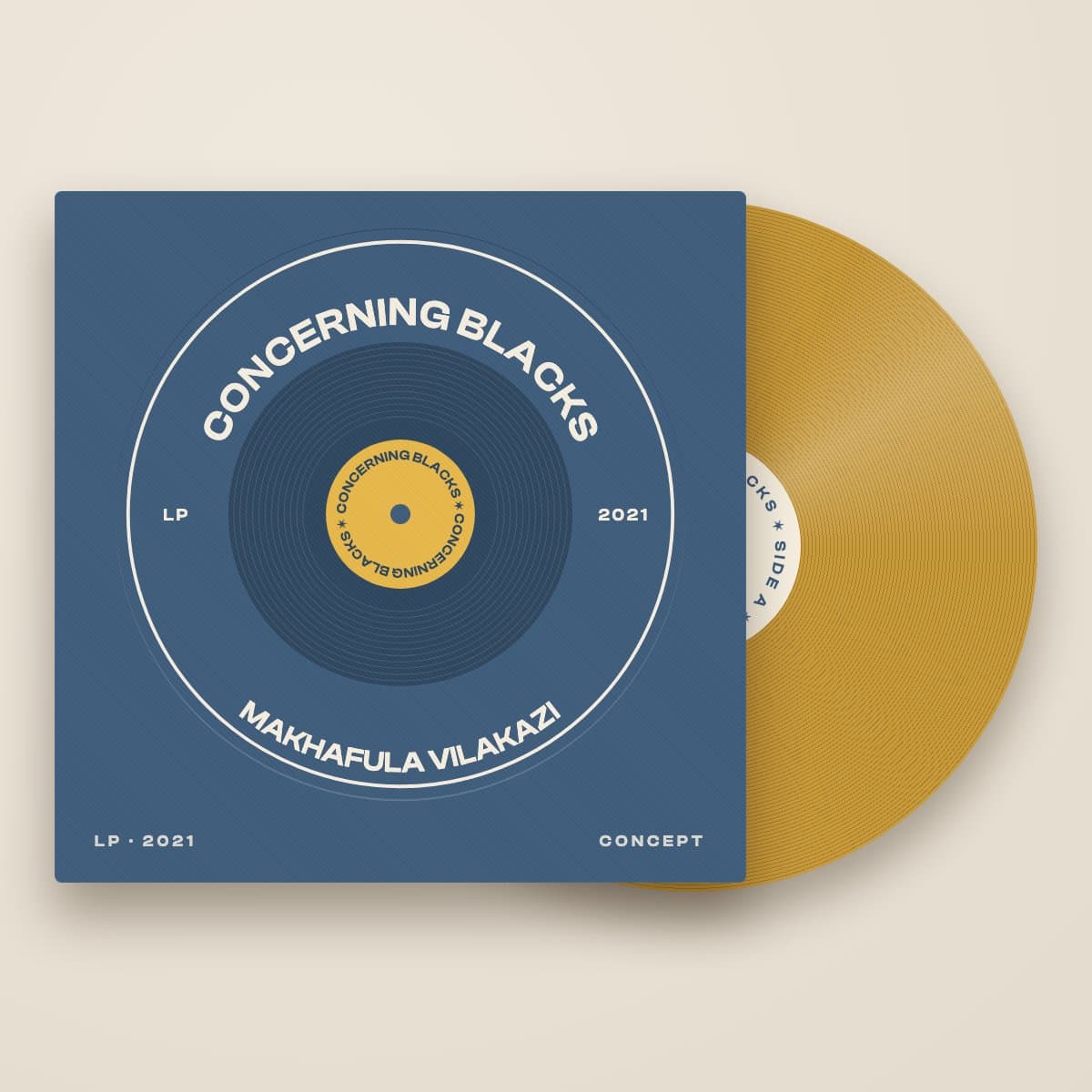 Concept mock-up: steel-blue record sleeve with a circular badge reading Concerning Blacks, Makhafula Vilakazi, LP 2021, with a gold vinyl record sliding out